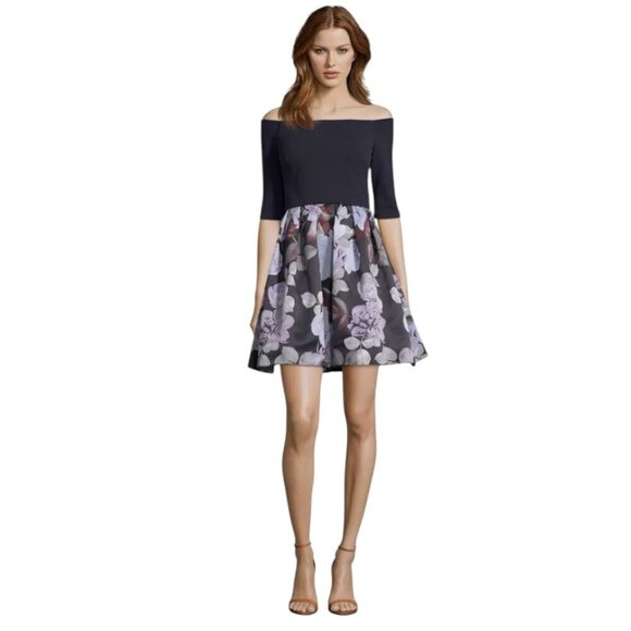 Betsy & Adam Navy Floral Fit & Flare A-Line Party Dress, 10 - Picture 1 of 10
